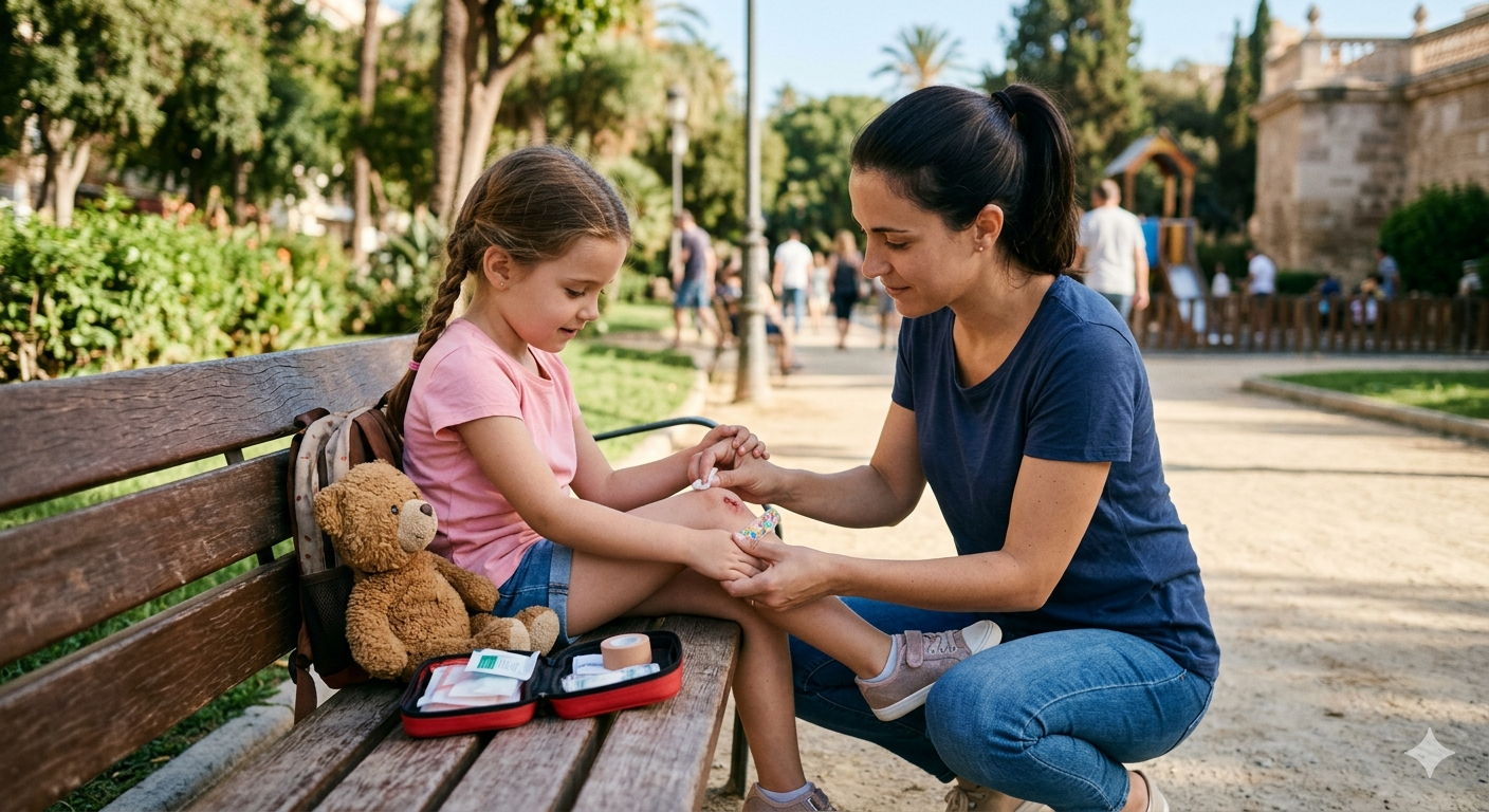 Adulto curando con cuidado una herida en la rodilla de una niña en un entorno al aire libre
